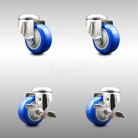 Service Caster 3.5 Inch 316SS Blue Polyurethane Wheel Swivel Bolt Hole Caster Brakes SCC, 2PK SCC-SS316BH20S3514-PPUB-BLUE-2-TLB-2